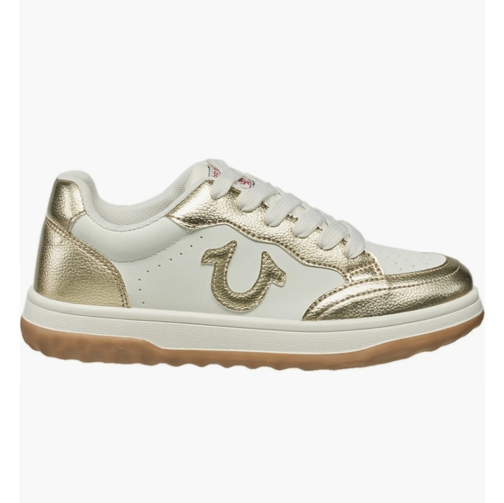 Size 8 True Religion Karlie Court Sneakers womens tenner shoes gold white new!